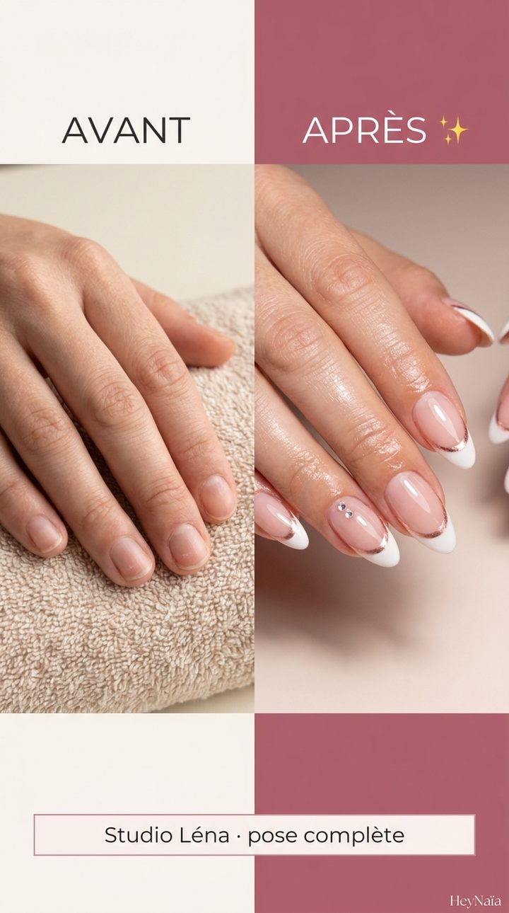 Montage avant/après réalisé par l'agent : ongles naturels à gauche, pose french avec strass à droite, bandeau Studio Léna · pose complète
